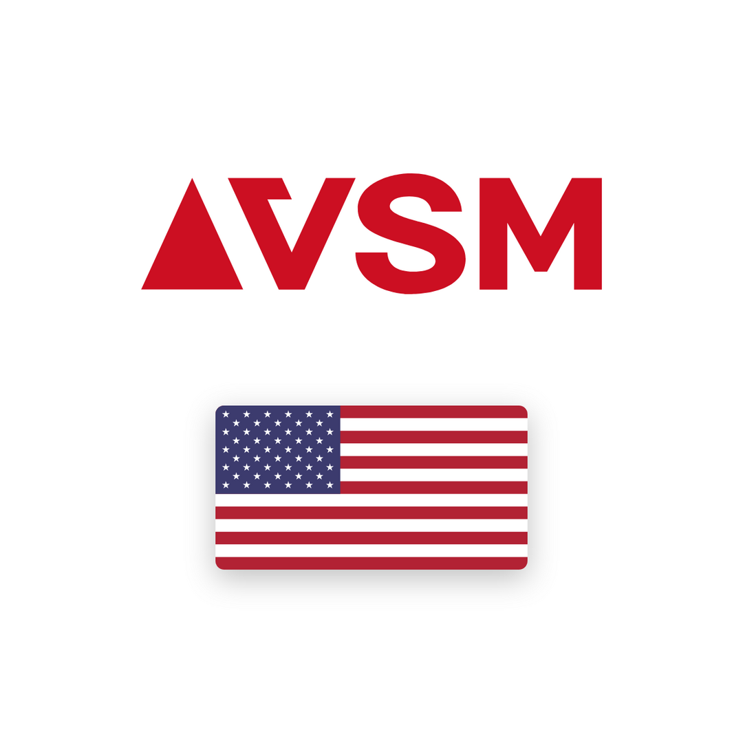 Logo von VSM in Rot auf weißer Fläche, darunter die Flagge der USA