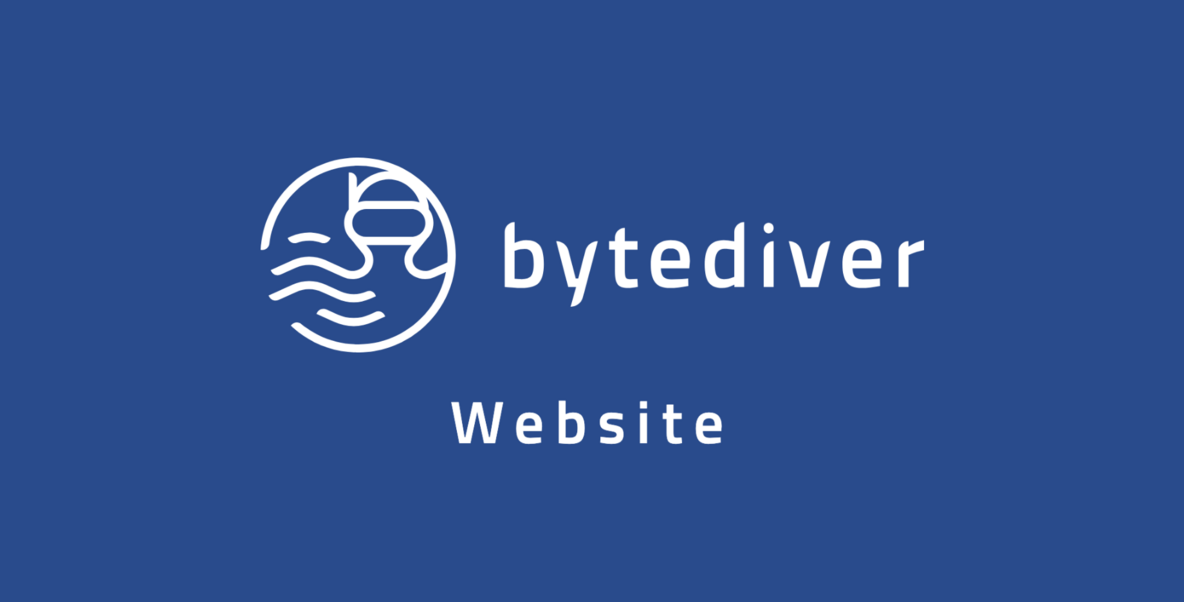 Logo von bytediver mit Wortmarke Website auf blauer Fläche