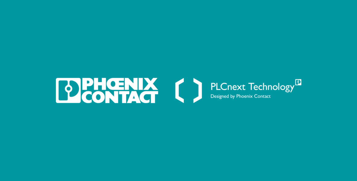 Logos von Phoenix Contact und PLCnext Technology auf türkiser Fläche