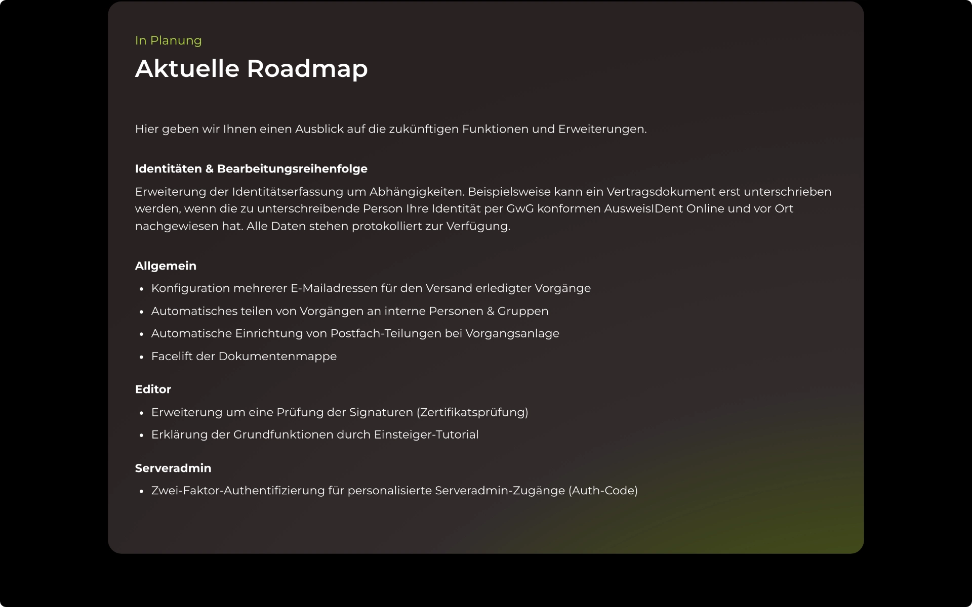 Seite mit Roadmap und Release Notes der eDocBox, Desktop