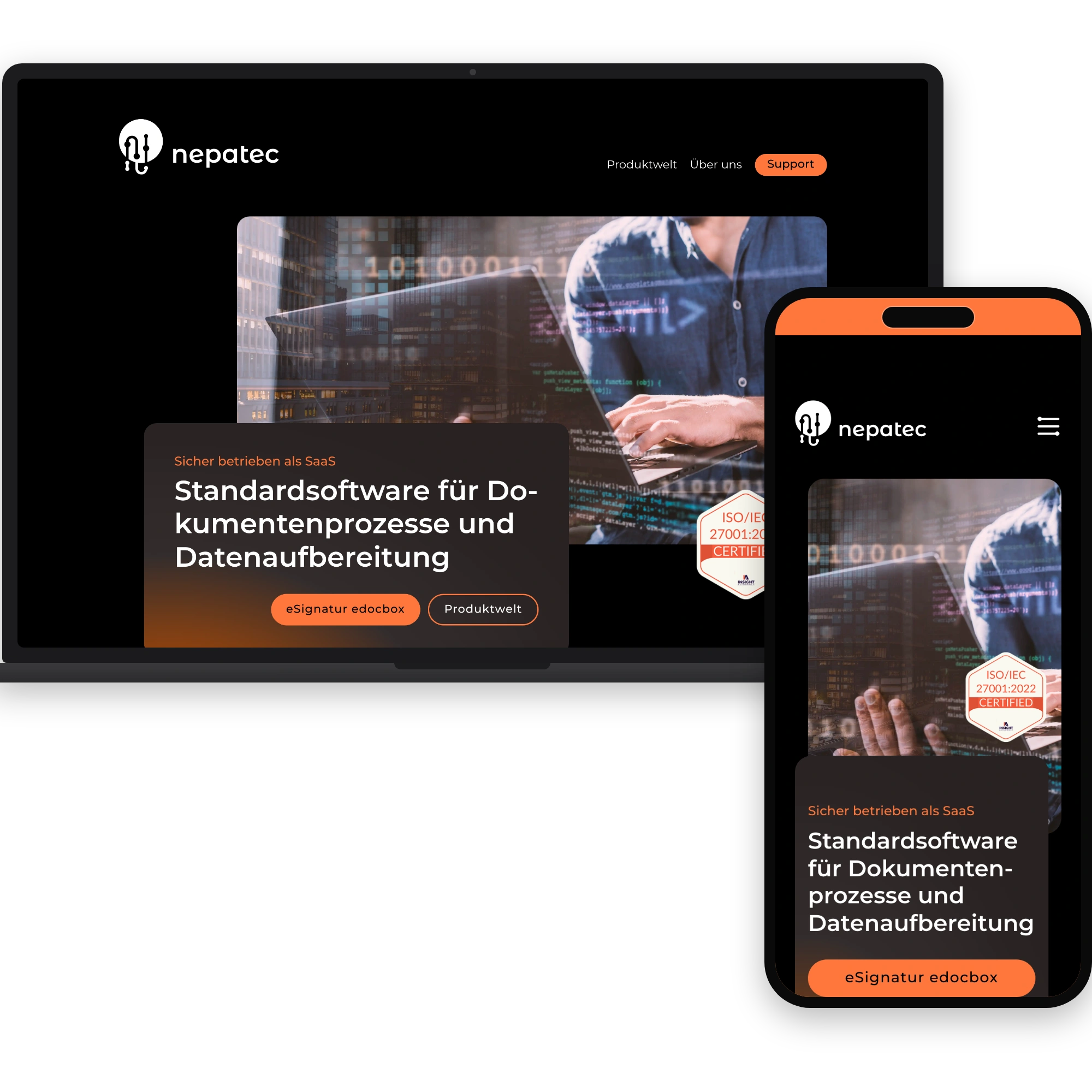 Startseite von nepatec.de mit dem Einstieg zur Signaturplattform eDocBox, Desktop und Handy