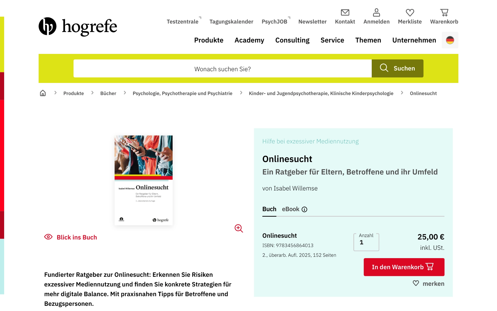 Artikelseite im Shop von hogrefe.com mit Titel und Bestellmöglichkeit, Desktop