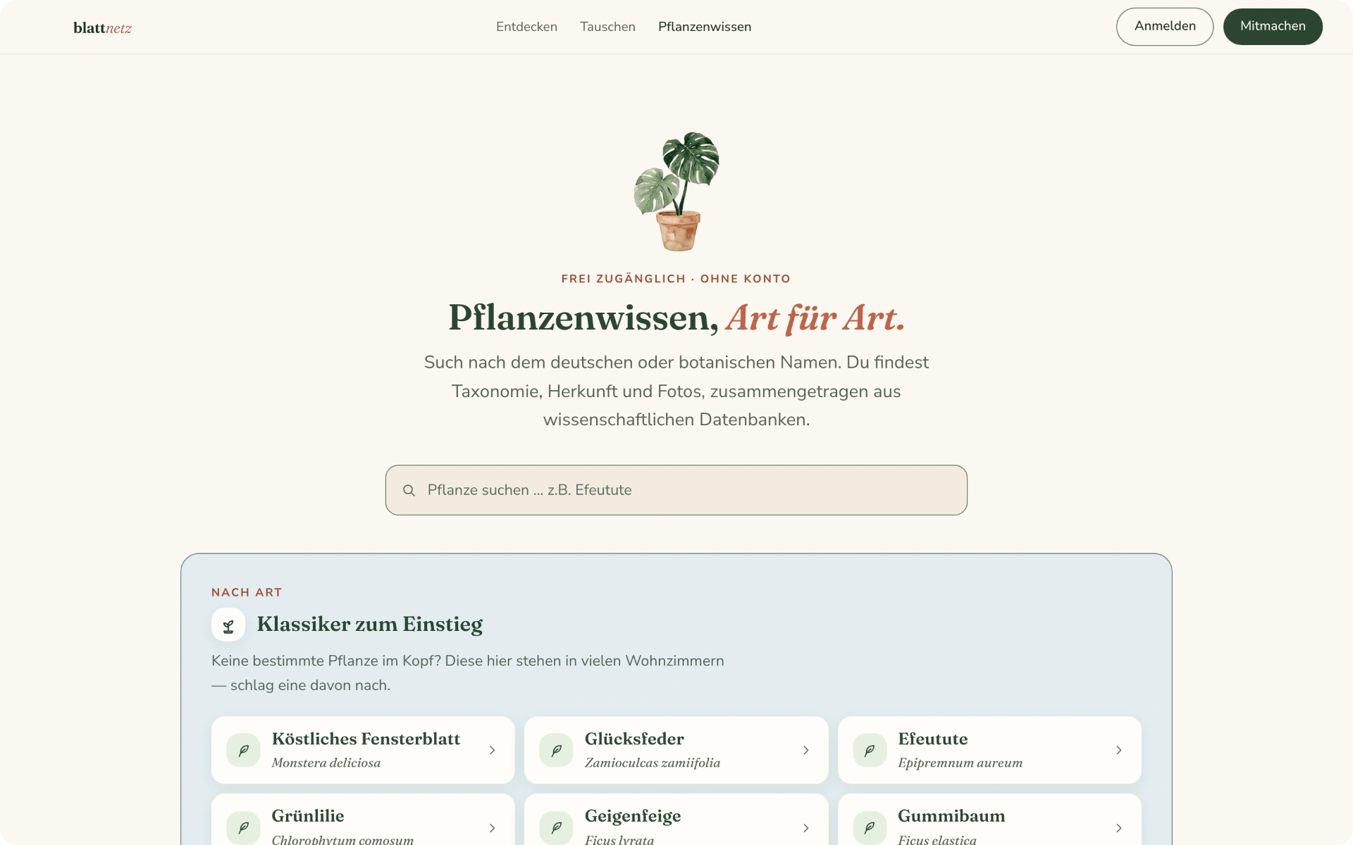Pflanzenwissen auf blattnetz.de mit Suche nach deutschem oder botanischem Namen, Desktop