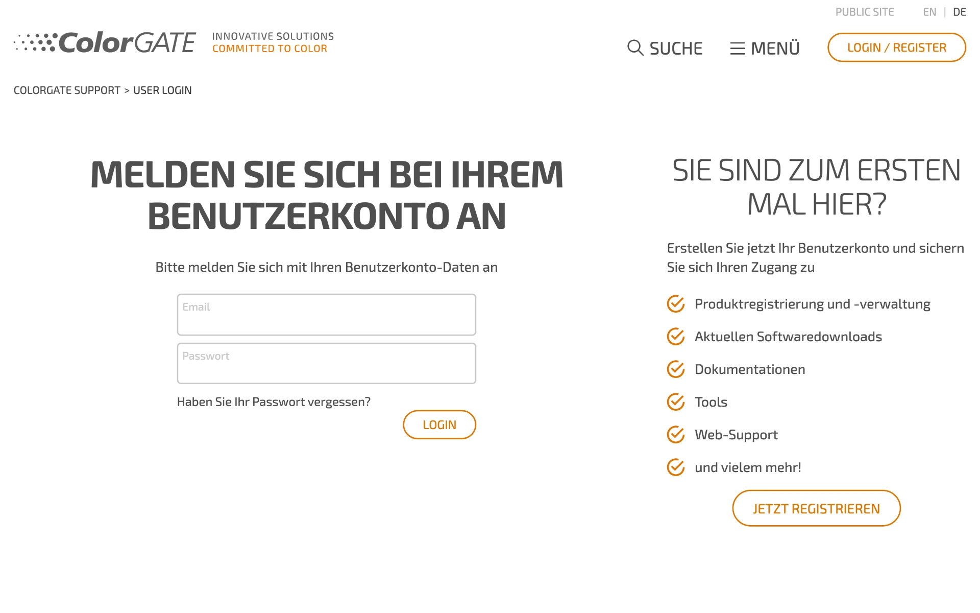 Anmeldung zur Support Area von colorgate.com mit Login und Registrierungshinweis, Desktop