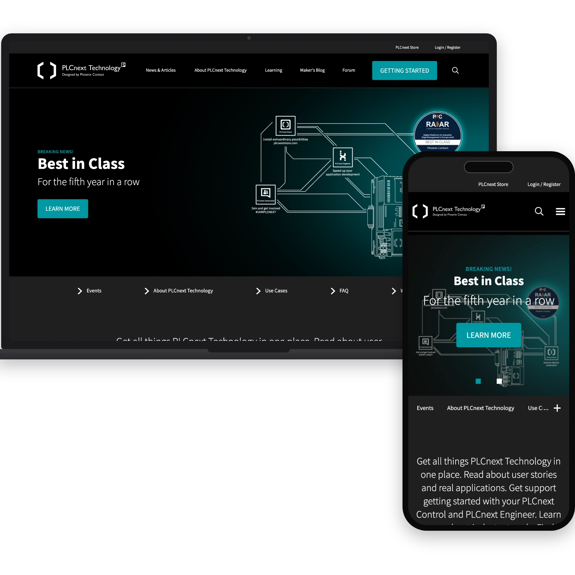 Startseite der PLCnext Community mit aktuellen Beiträgen, Desktop und Handy