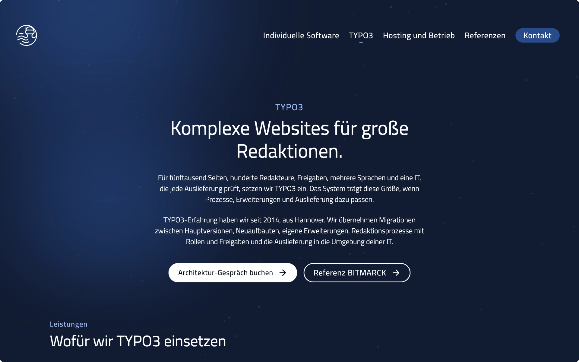 Leistungsseite TYPO3 der bytediver-Website, Desktop