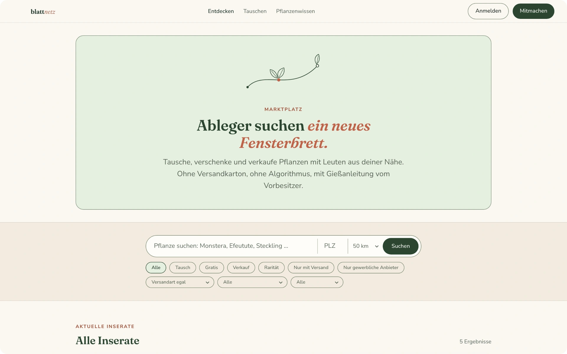 Marktplatz von blattnetz.de mit Suche nach Pflanze und Postleitzahl und Filtern für Tausch, Gratis und Verkauf, Desktop
