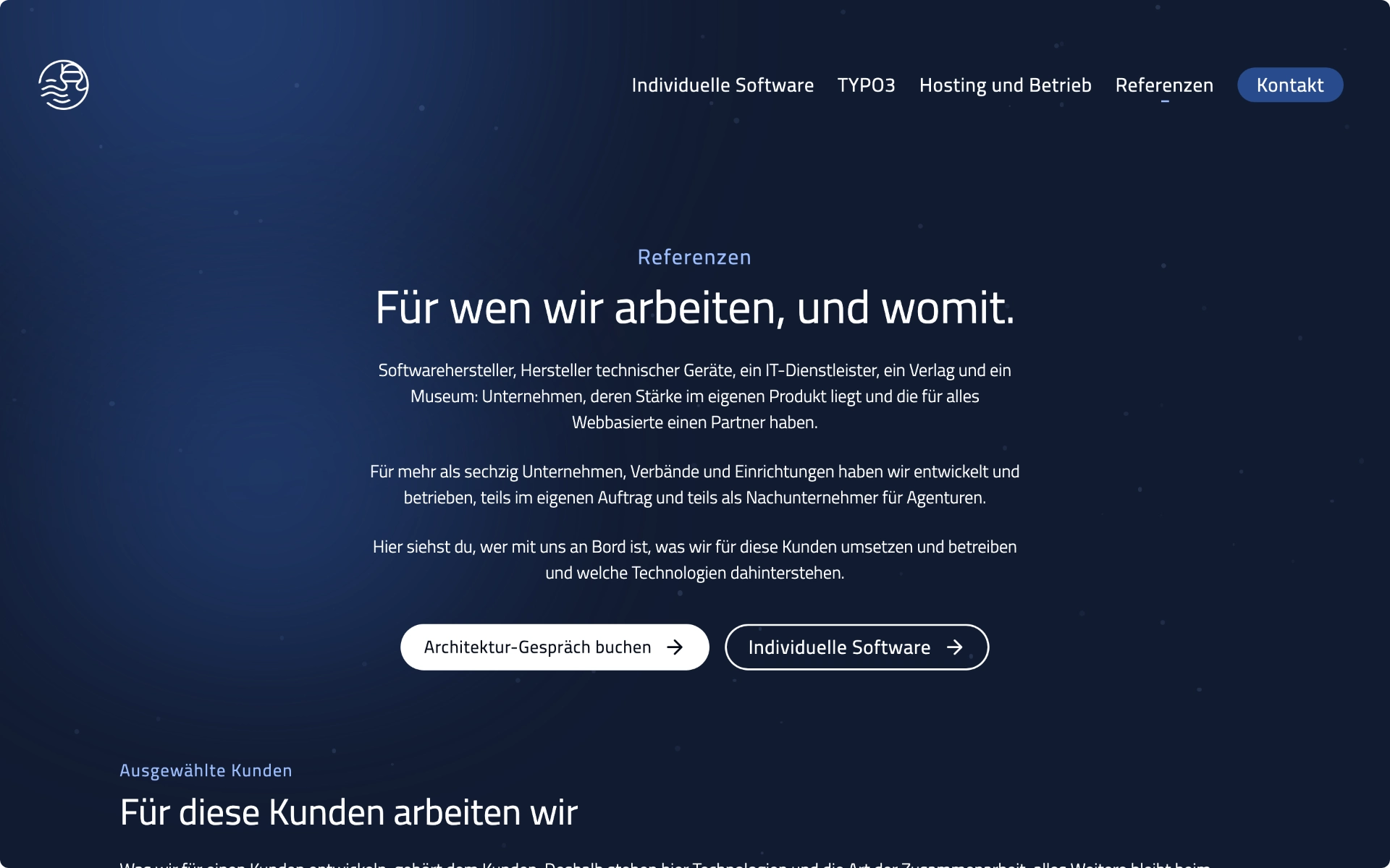 Referenzübersicht der bytediver-Website mit Einstieg und Kachelraster, Desktop