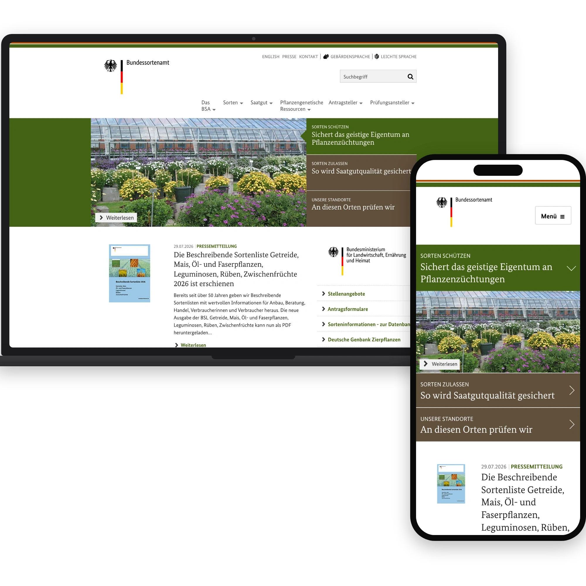 Startseite von bundessortenamt.de mit den Top-Meldungen, Desktop und Handy