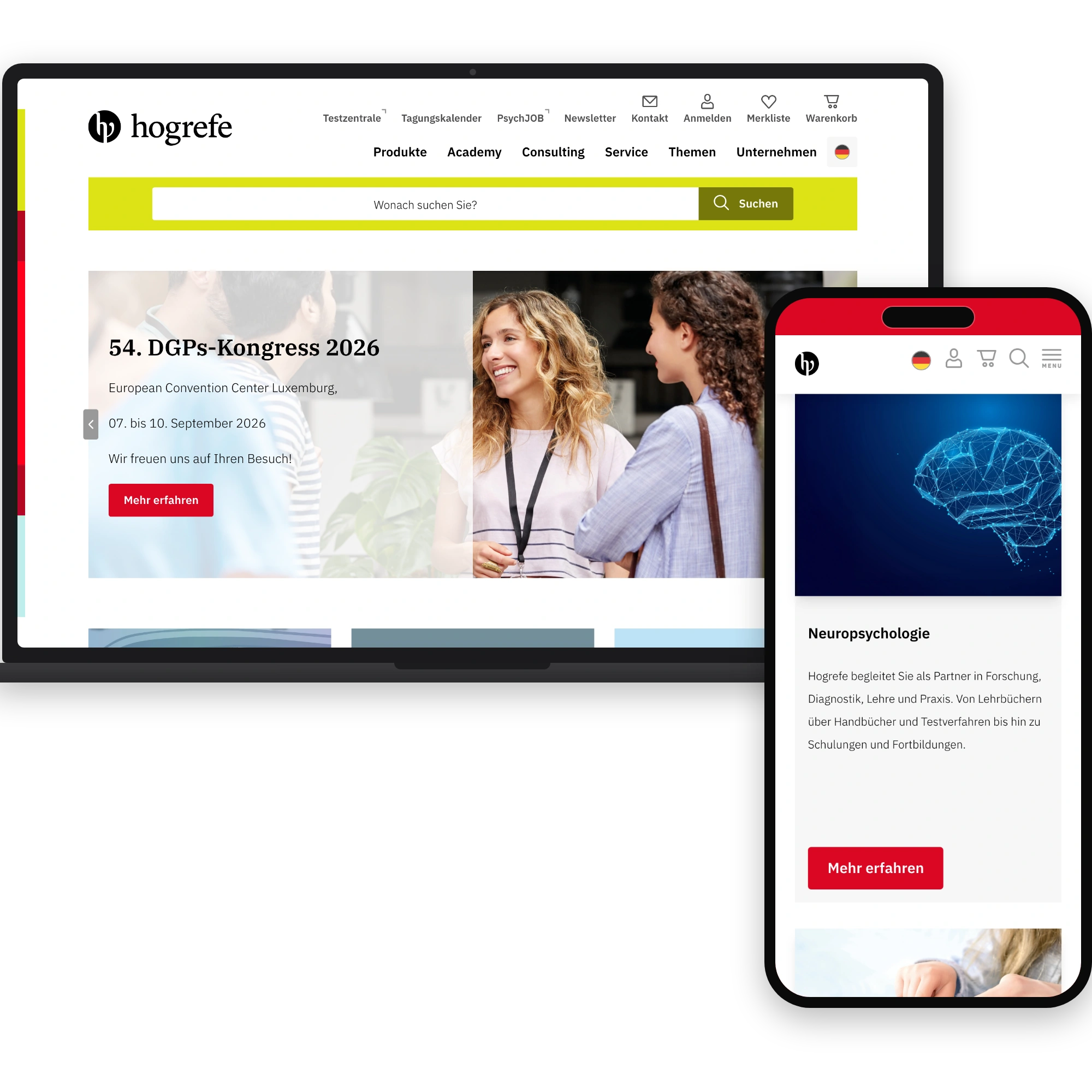 Startseite von hogrefe.com mit Themen und Neuerscheinungen, Desktop und Handy