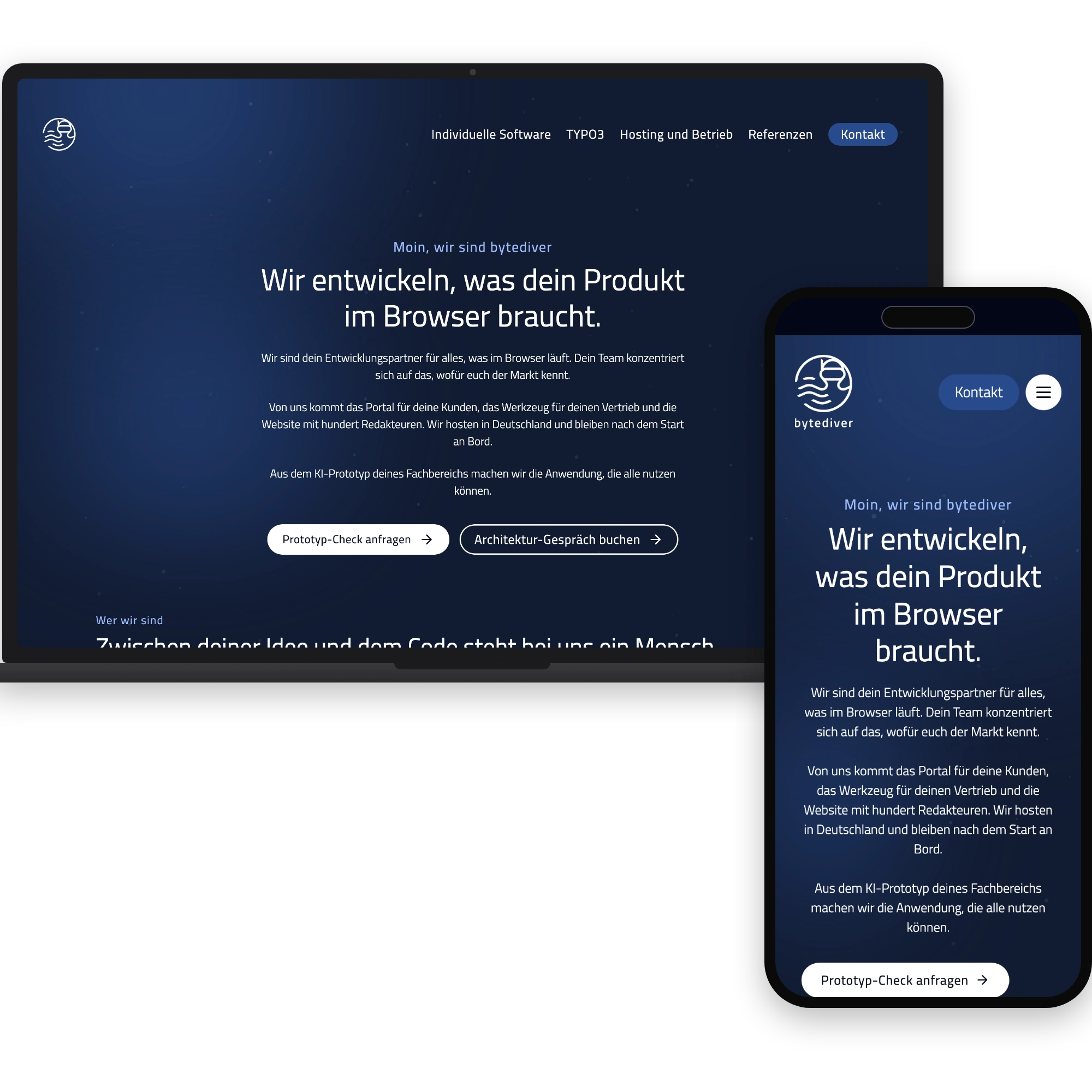 Startseite der bytediver-Website mit Einstieg und Menü, Desktop und Handy