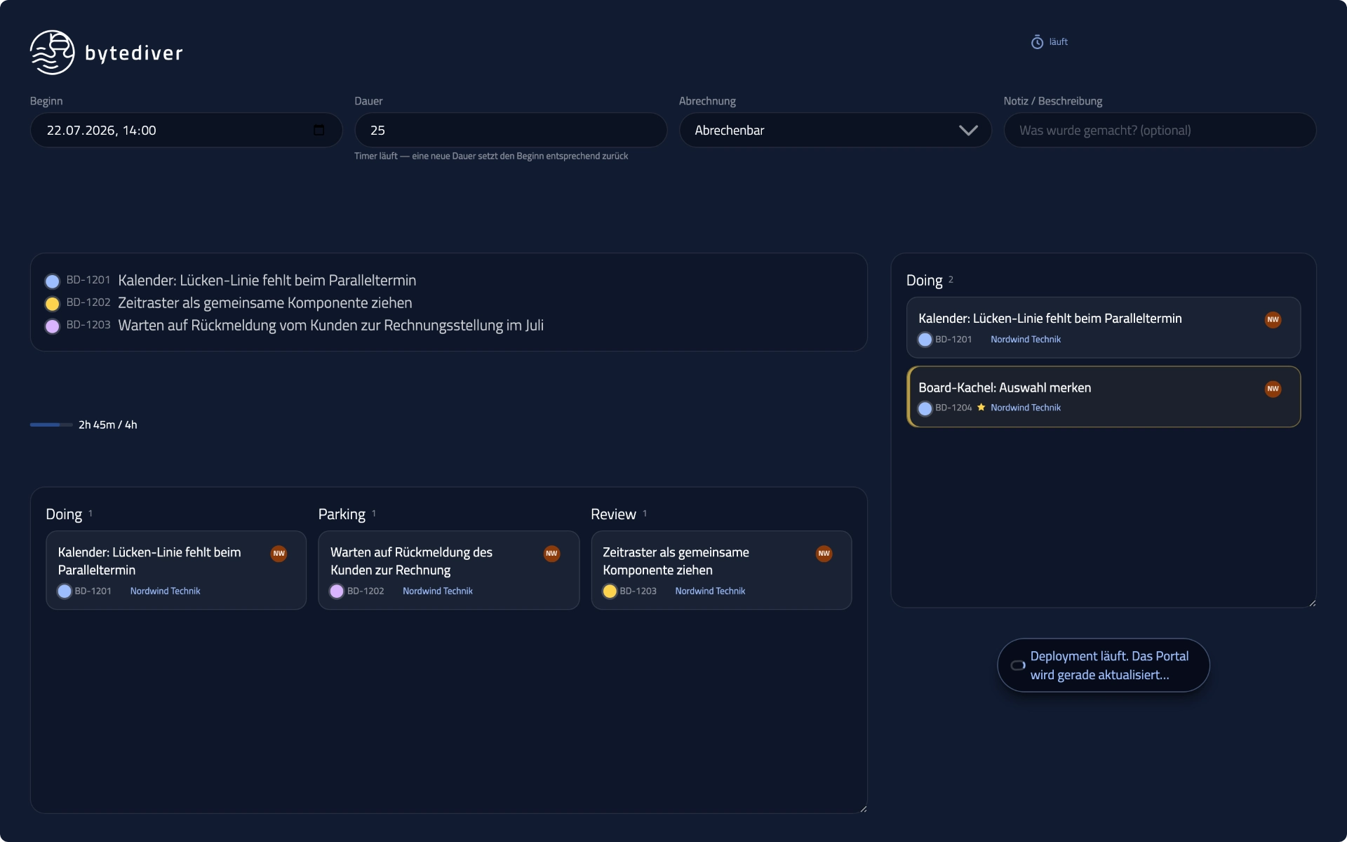 Zeitbuchung am Ticket im bytediver-Portal mit laufendem Timer und Ticketliste, Desktop