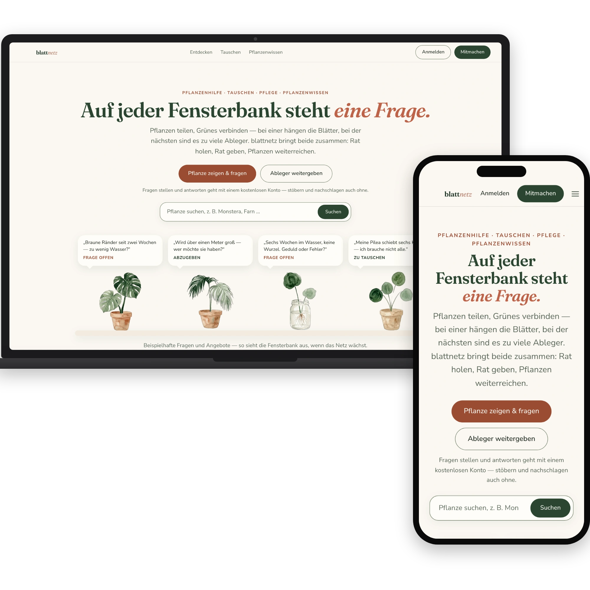 Startseite von blattnetz.de mit Pflanzensuche und Beispielfragen der Community, Desktop und Handy