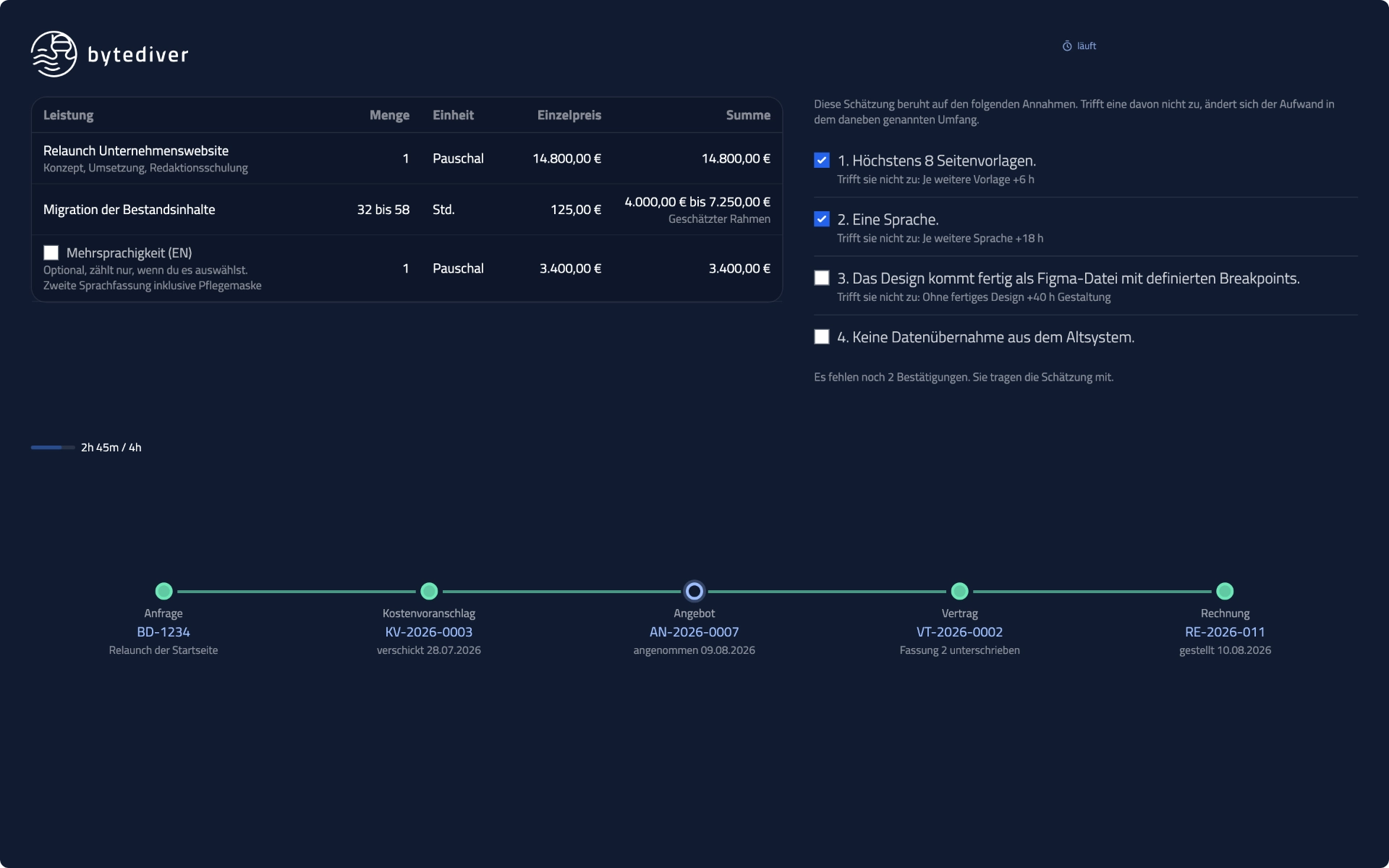 Annahme-Seite eines Angebots im bytediver-Portal mit Annahmen und Positionen mit Mengenspanne, Desktop