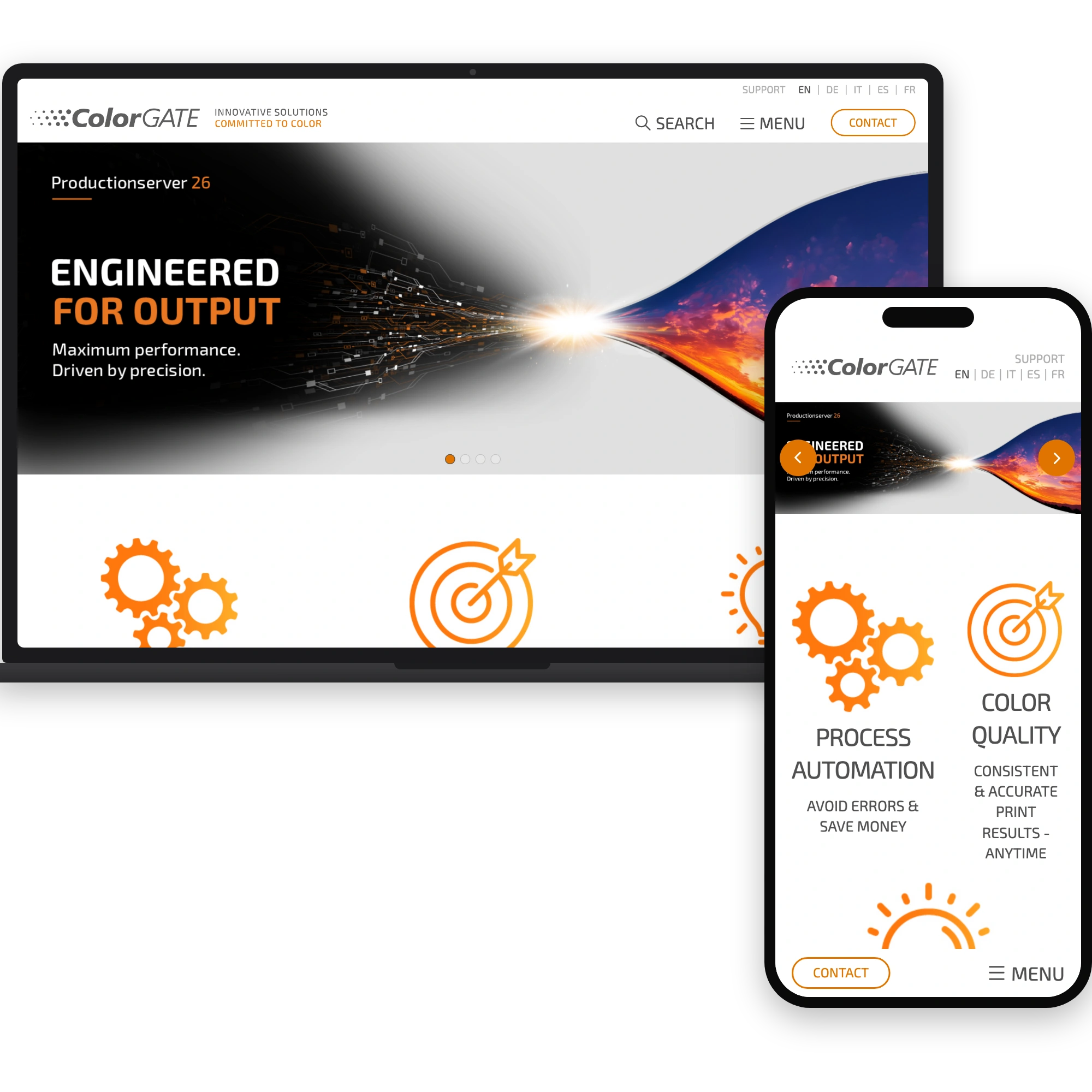 Startseite von colorgate.com mit Sprachauswahl und aktuellen Software-Highlights, Desktop und Handy
