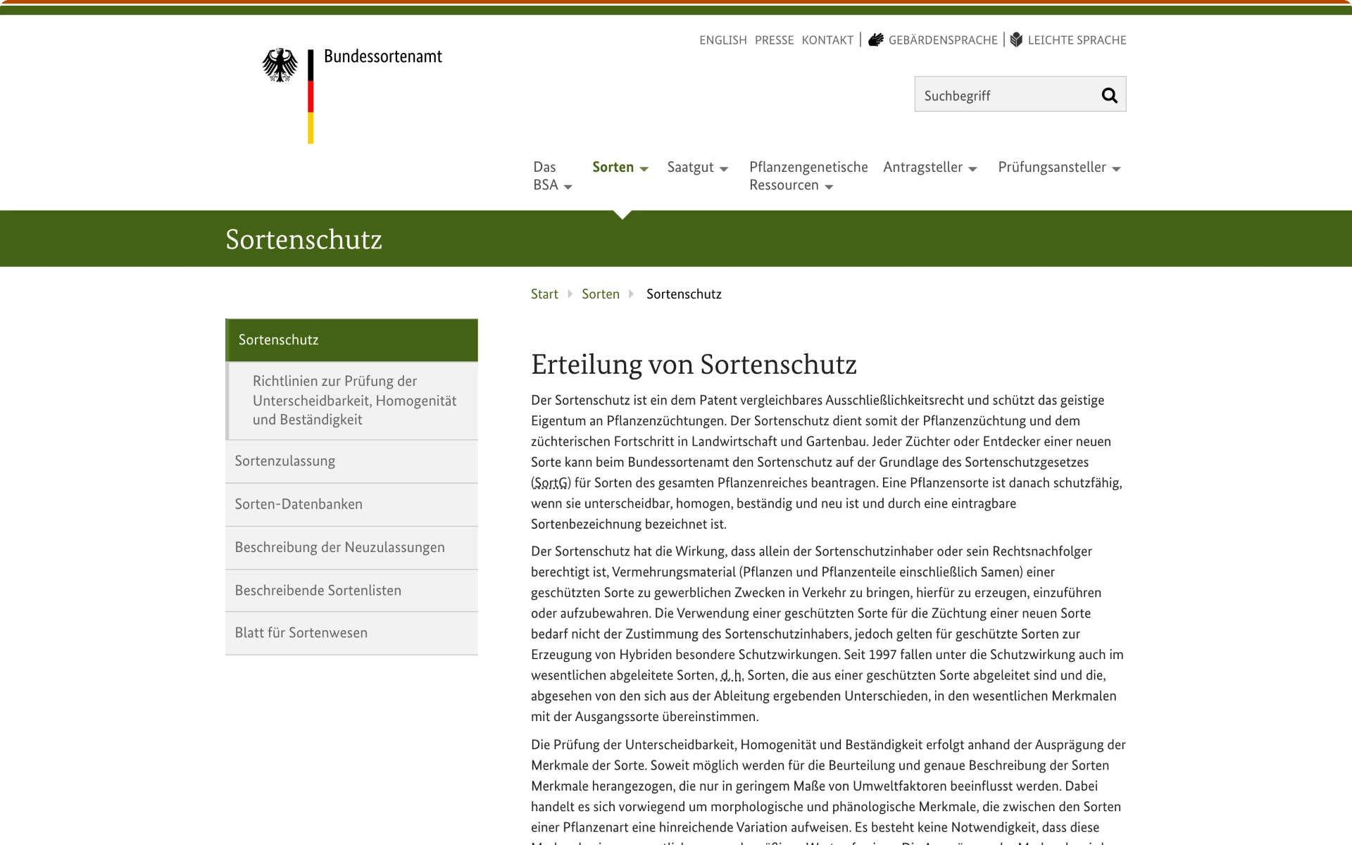 Fachseite zum Sortenschutz mit Seitennavigation und Erläuterung des Verfahrens, Desktop